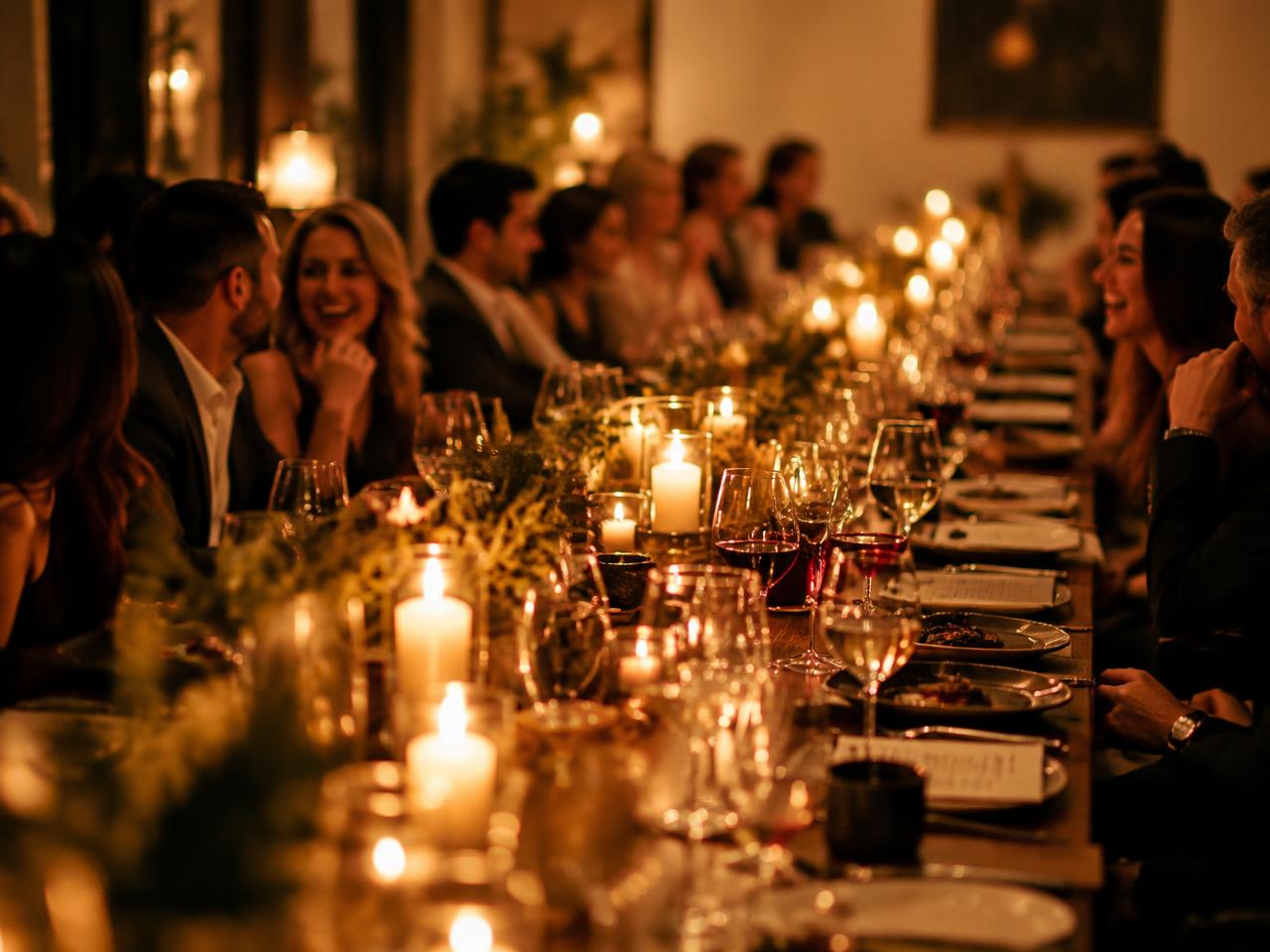 Guests at a candlelit long dinner table