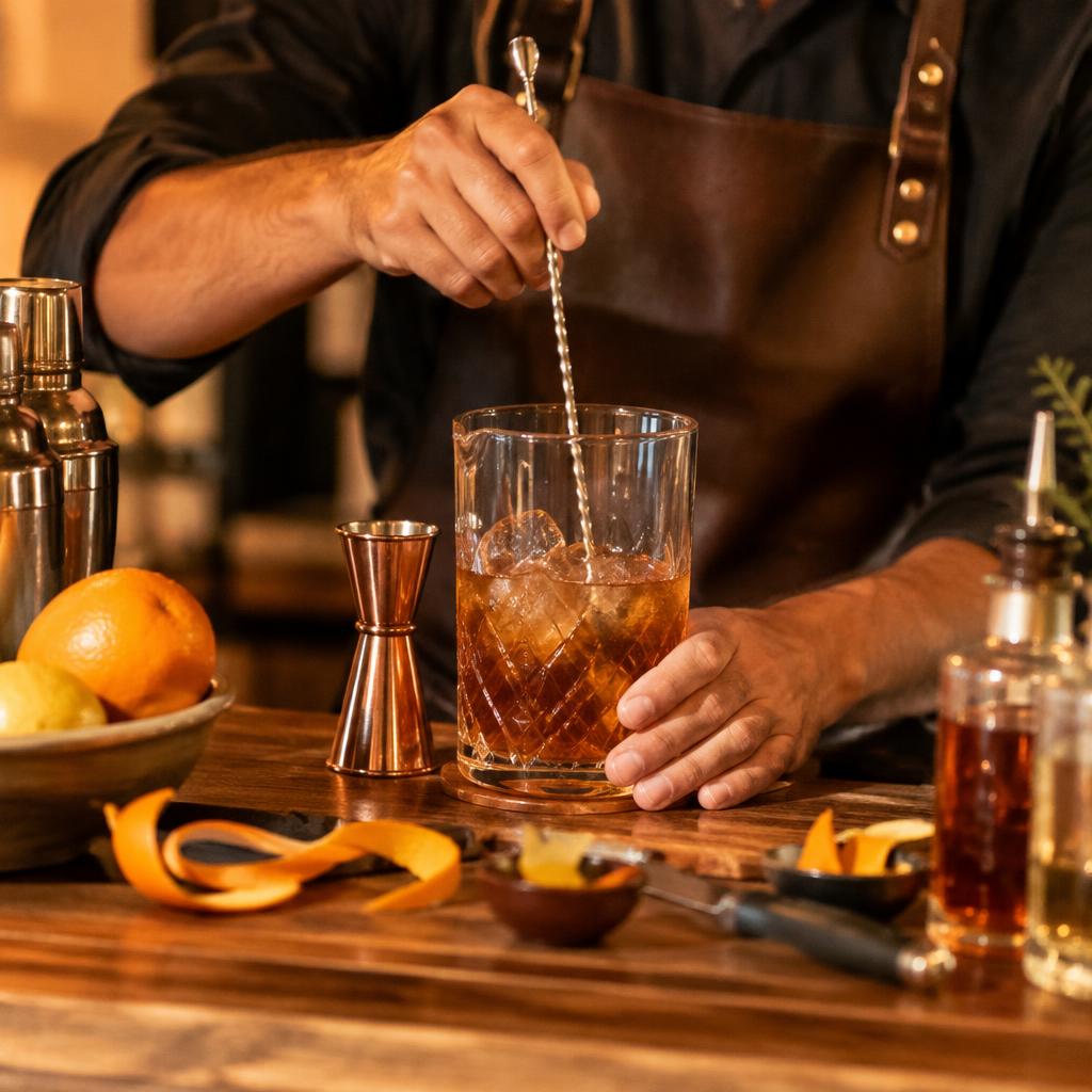 Cocktail being stirred in a mixing glass