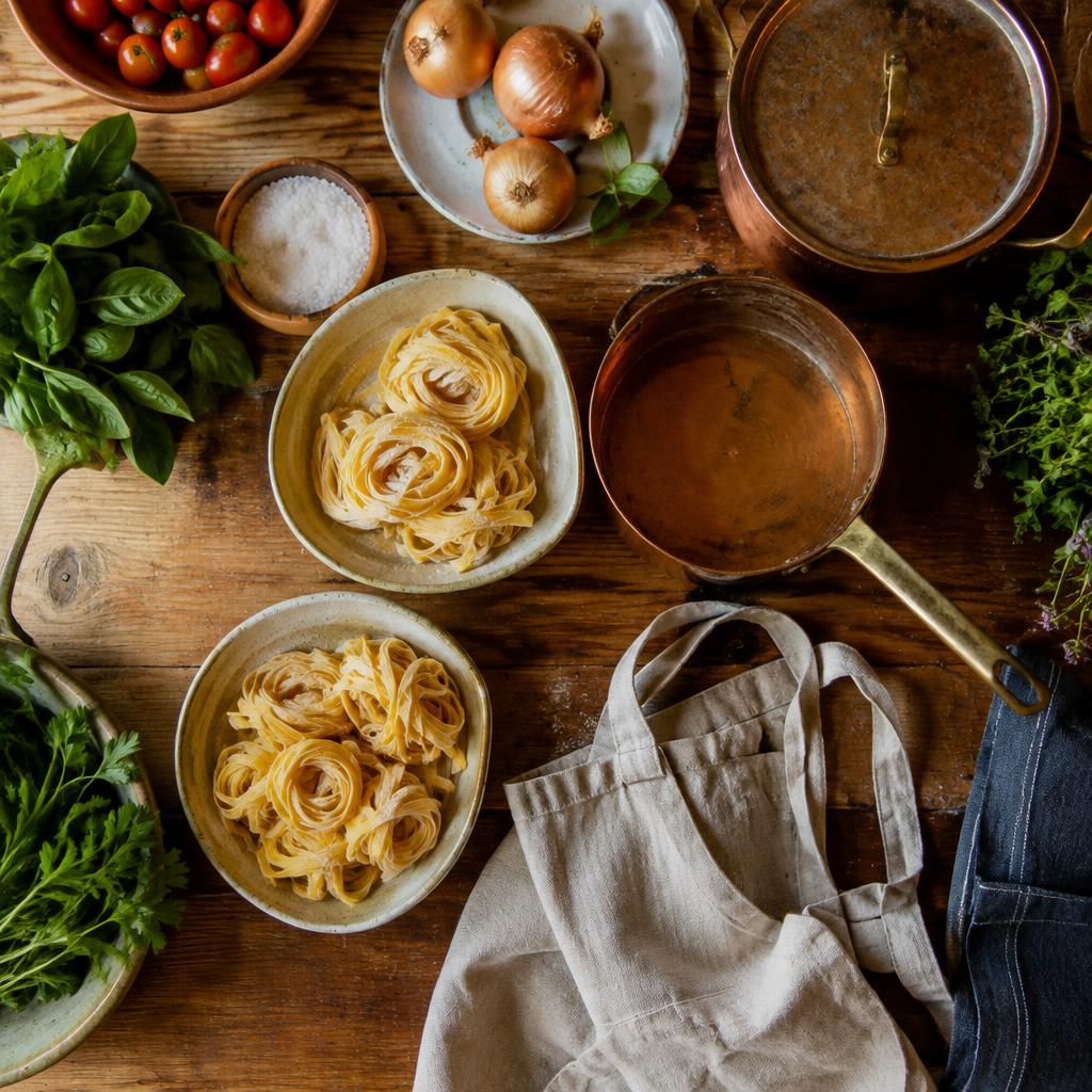 Fresh ingredients and copper pans